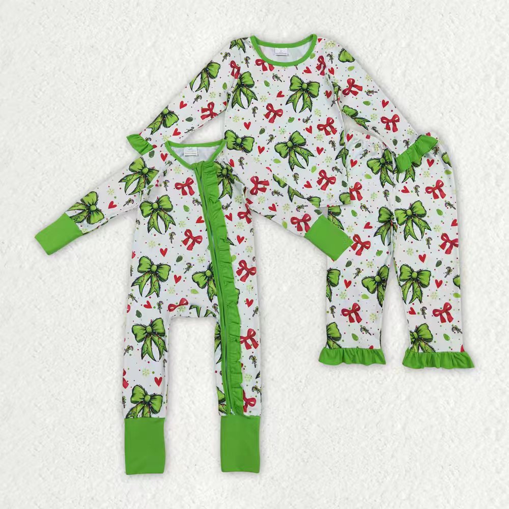 Sibling Baby Girls Christmas Green Red Bows Hearts Rompers Pajamas Sets