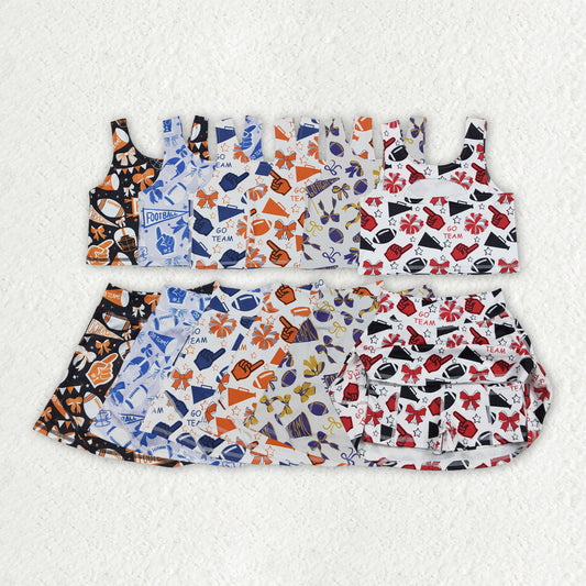 Sibling Baby Girls Team Football Cheer Bows Vest Top Short Skirts Yoga Sets