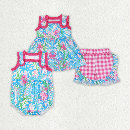 Sibling Baby Girls Water Flowers Straps Rompers Outfits Sets