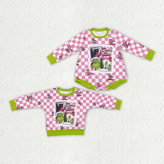 Sibling Girls Christmas Green Frog Checkered Rompers Shirts