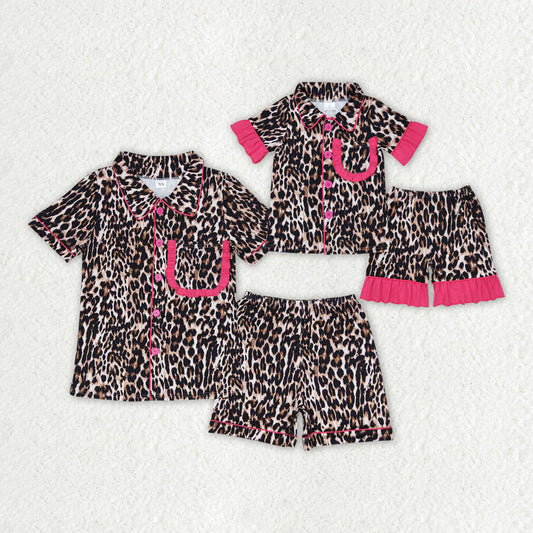 Mommy and Me Leopard Pockets Shirts Ruffle Shorts Pajamas Clothes Sets