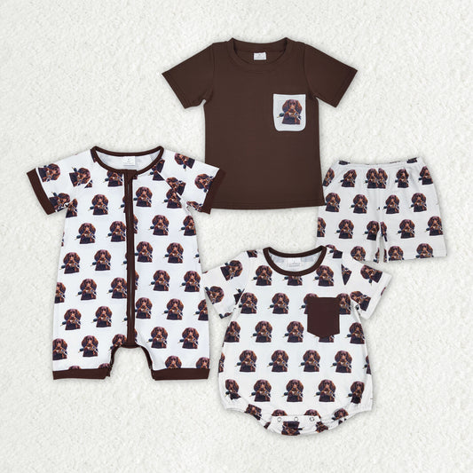 Baby Boys Brown Pocket Dogs Sibling Rompers Clothes Sets