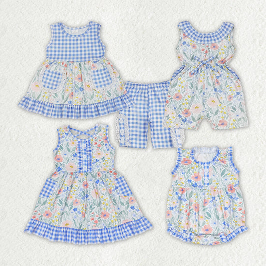 Baby Girls Blue Flowers Checkered Sibling Rompers Dresses Clothes Sets