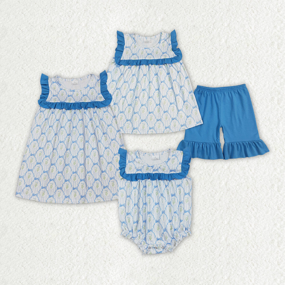 Sibling Baby Girls Blue Bows Flowers Rompers Dresses Clothes Sets