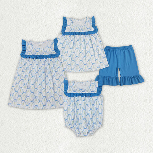 Sibling Baby Girls Blue Bows Flowers Rompers Dresses Clothes Sets
