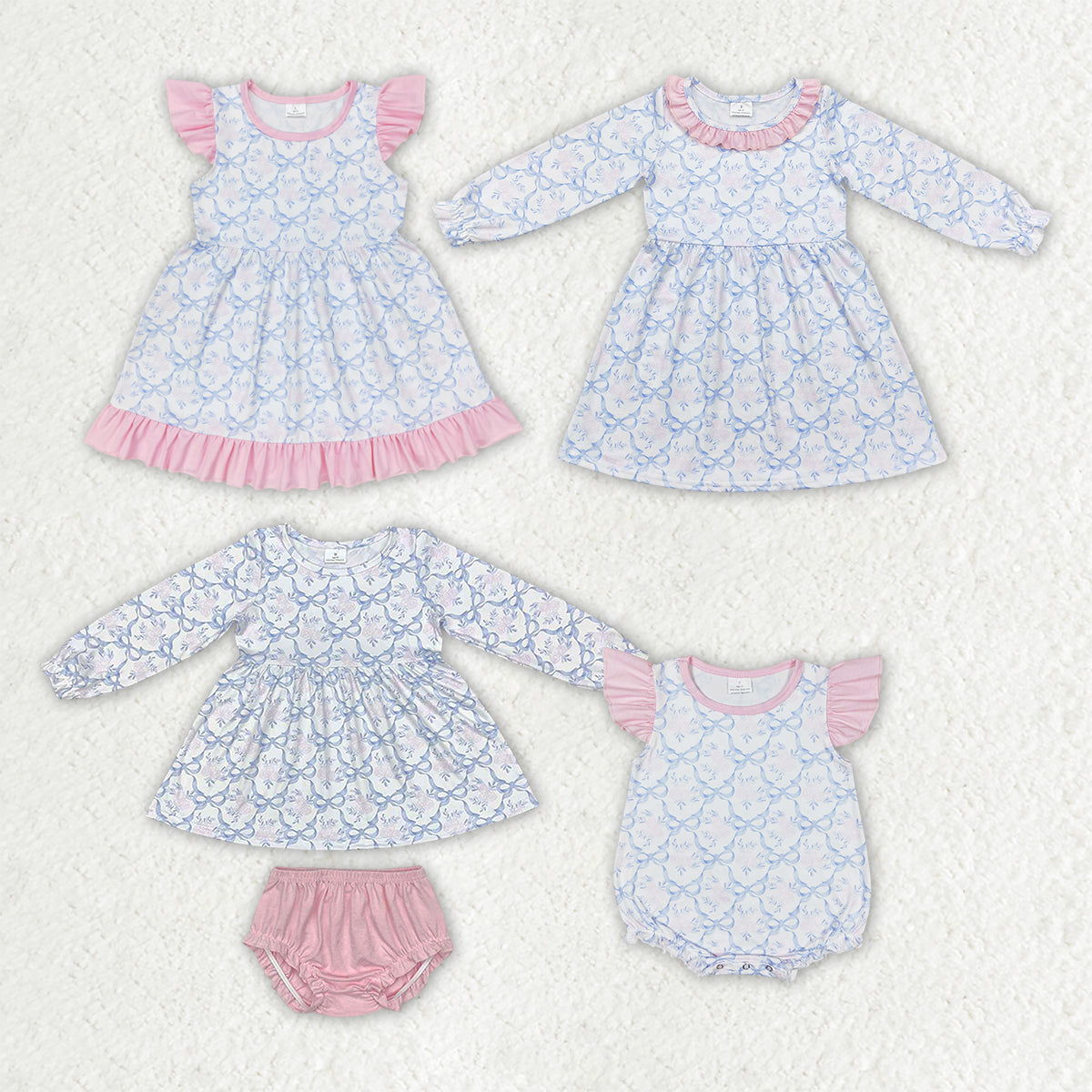 Sibling Baby Girls Blue Bows Flowers Spring Sets