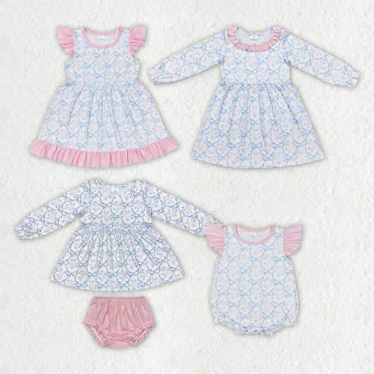Sibling Baby Girls Blue Bows Flowers Spring Sets