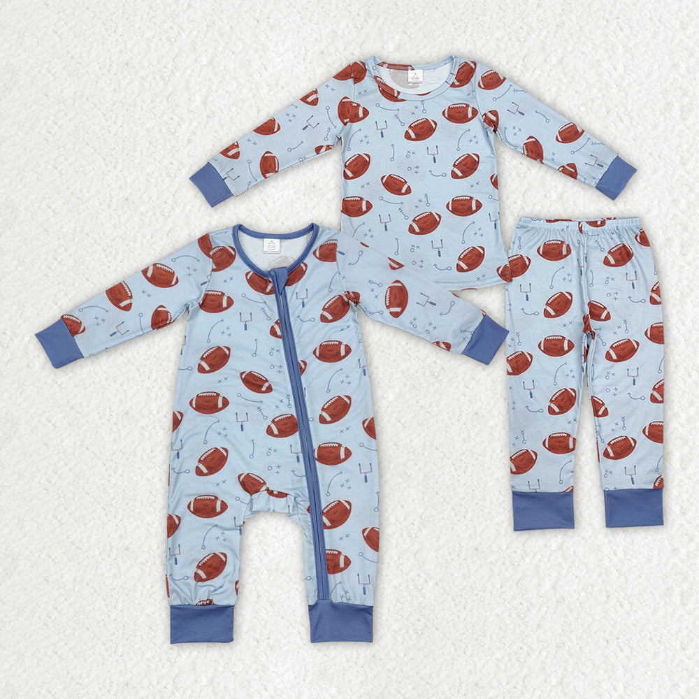 Sibling Boys Blue Football Bamboo Rompers Pajamas