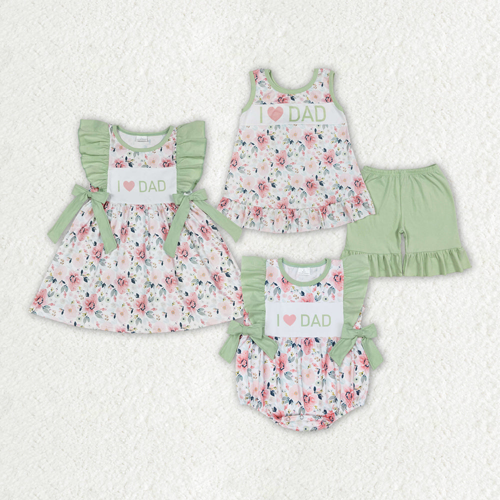 Sibling Boys Baby Girls I Love Dad Green Flowers Rompers Dresses Outfits Suits