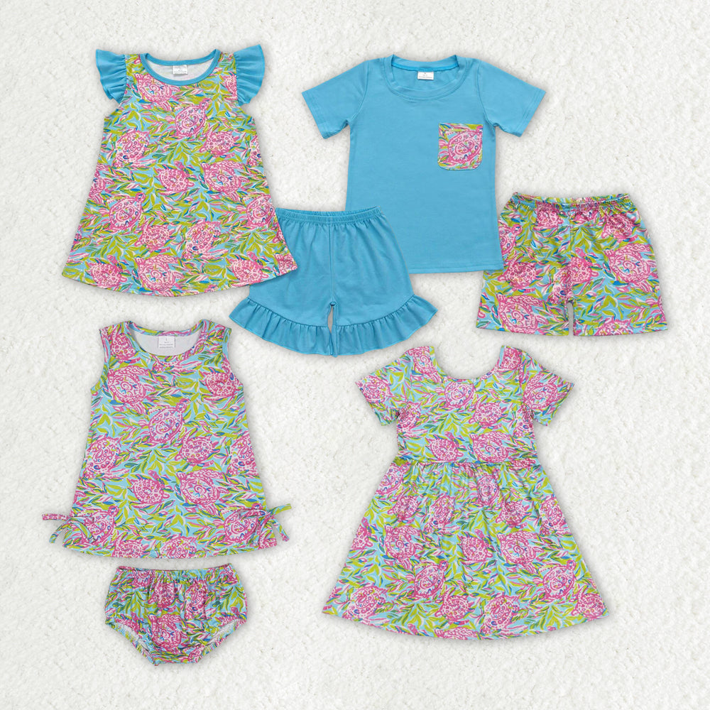 Baby Girls Blue Turtle Summer Sibling Dresses Shorts Clothes Sets