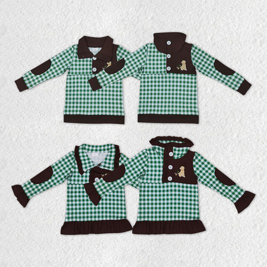 Sibling Girls Baby Boys Hunting Green Checkered Pullover Tee Shirt Tops