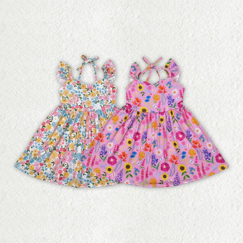 Sibling Baby Girls Flutter Sleeves Floral Backless Bow Knee Length Dresses