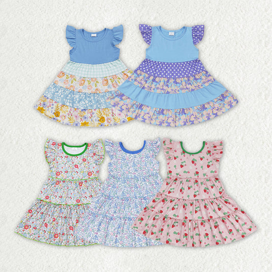 Sibling Baby Girls Flutter Sleeve Flowers Twirl Knee Length Dresses