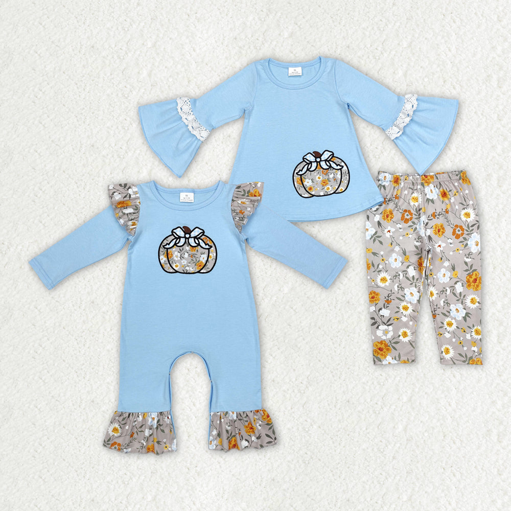 Sibling Girls Blue Pumpkin Floral Rompers Outfits Clothes Sets