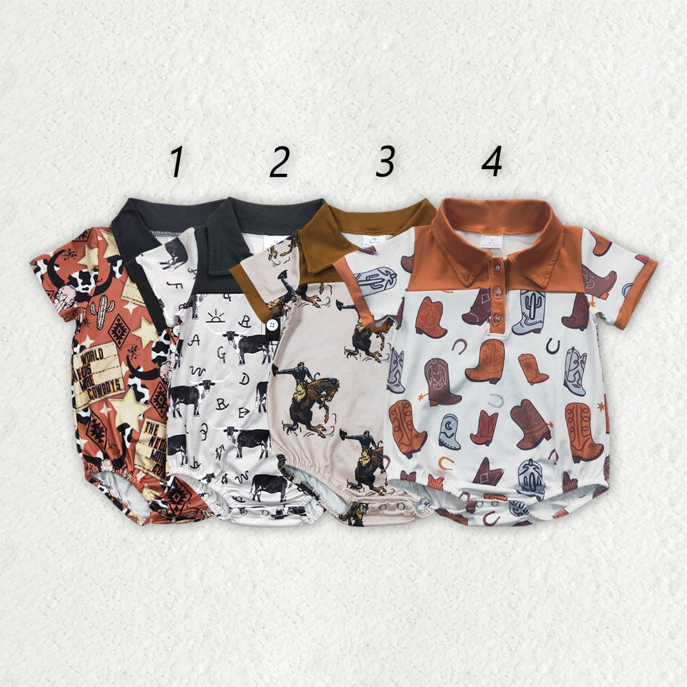 Sibling Baby Boys Western Buttons Short Sleeve Rompers