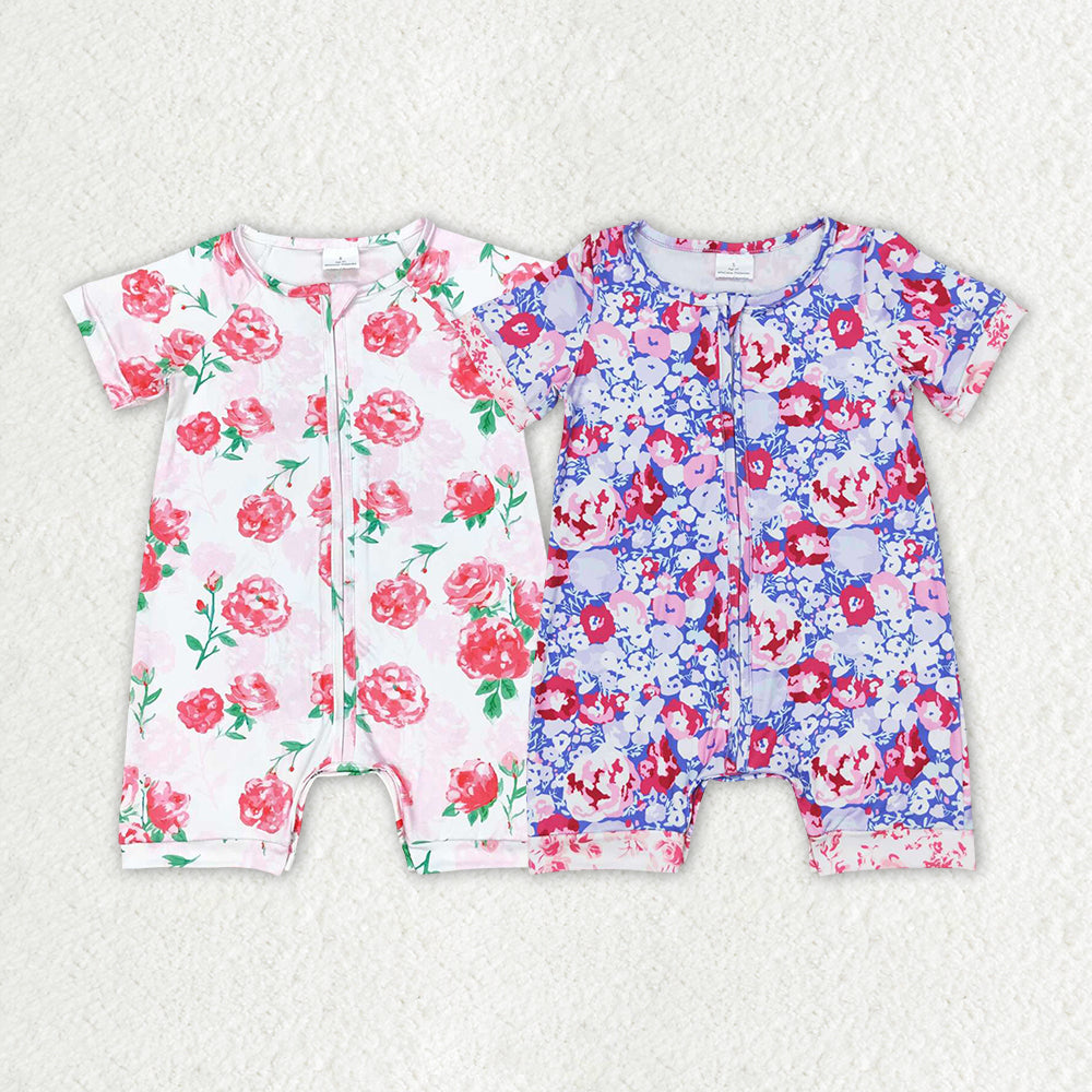 Sibling Baby Infant Girls Flowers Zip Short Sleeve Rompers