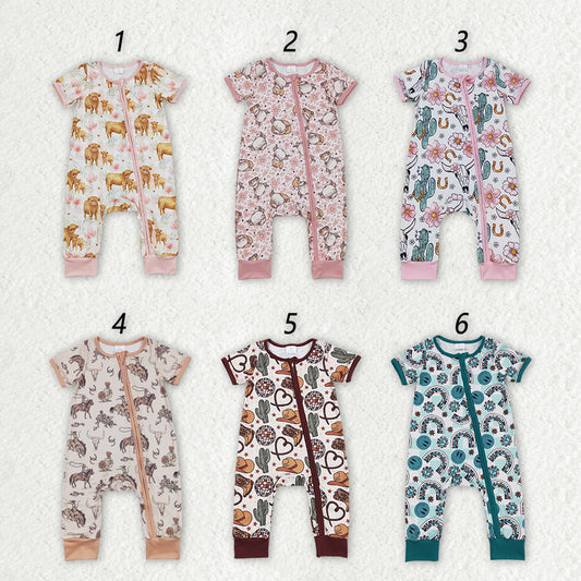 Sibling Boys Baby Infant Girls Cows Short Sleeve Zip Rompers