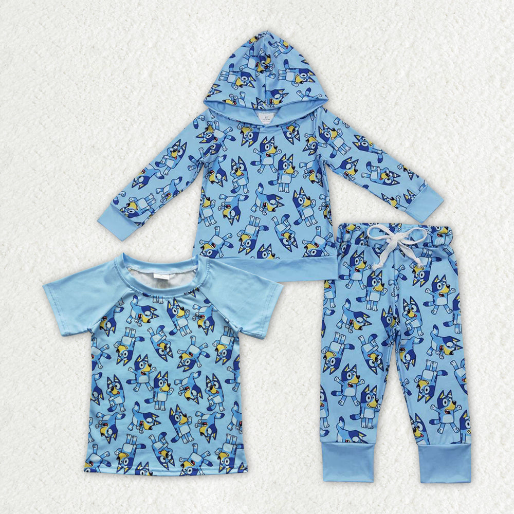 Sibling Baby Boys Hooded Blue Dogs Shirts Hooded Clothes Sets