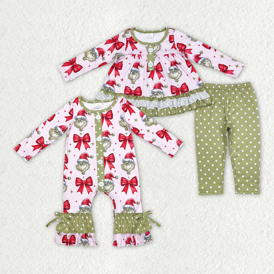 Sibling Girls Christmas Green Face Bows Rompers Clothes Sets