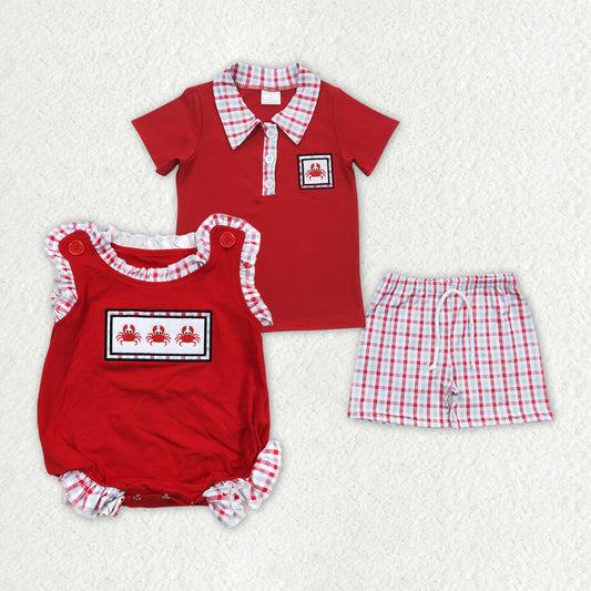 Sibling Girls Embroidery Baby Boys Crab Red Rompers Clothes Sets