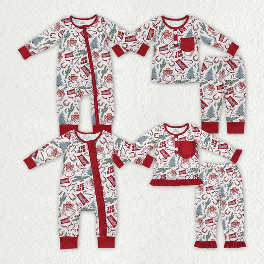 Sibling Boys Girls Christmas Western Santa Cactus Bamboo Rompers Pajamas