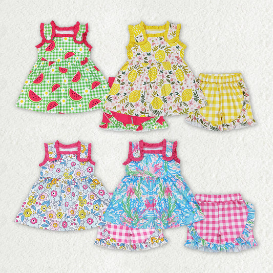 Sibling Baby Girls Summer Straps Tunic Top Ruffle Shorts Clothes Sets