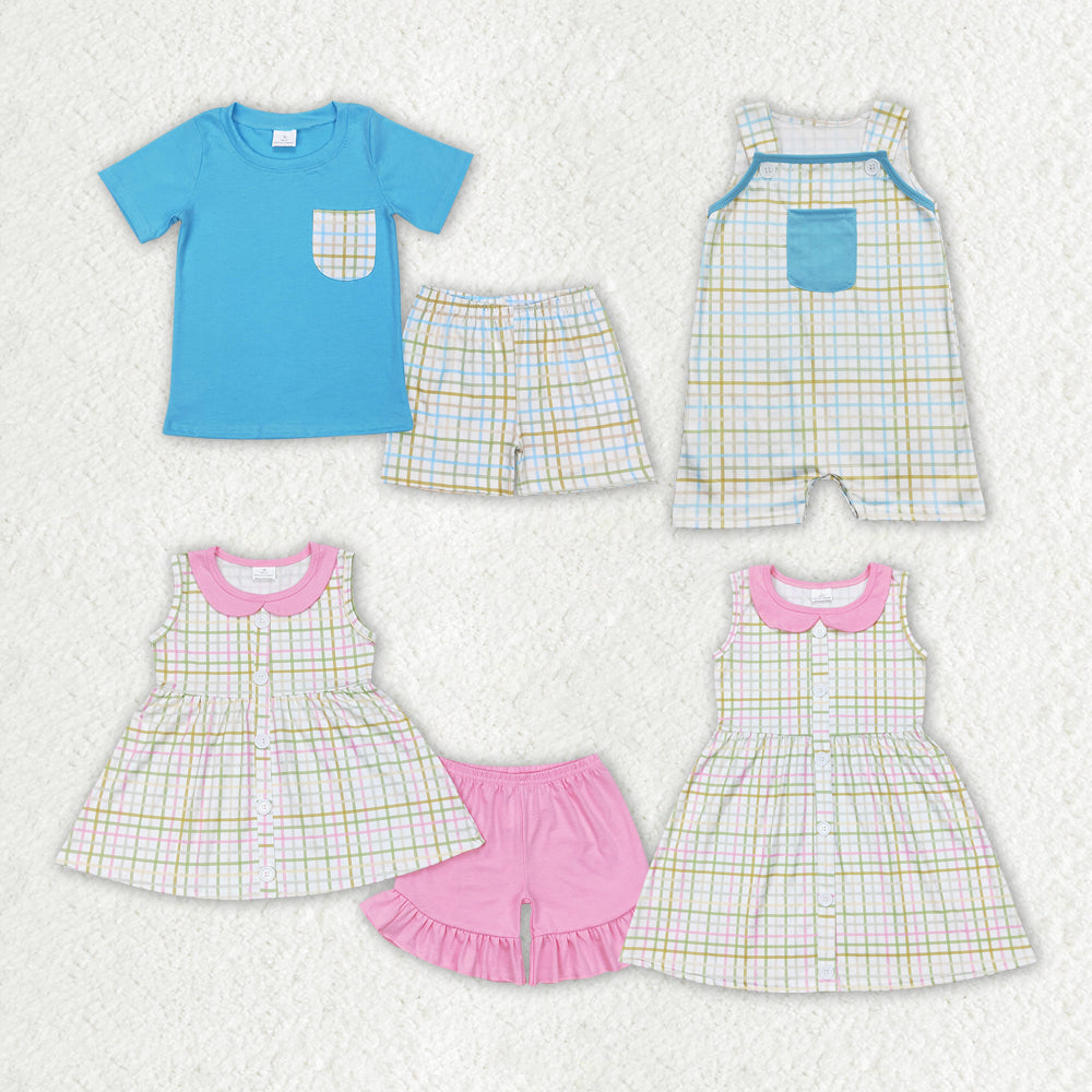 Sibling Baby Girls Easter Green Pink Checkered Boys Clothes Suits