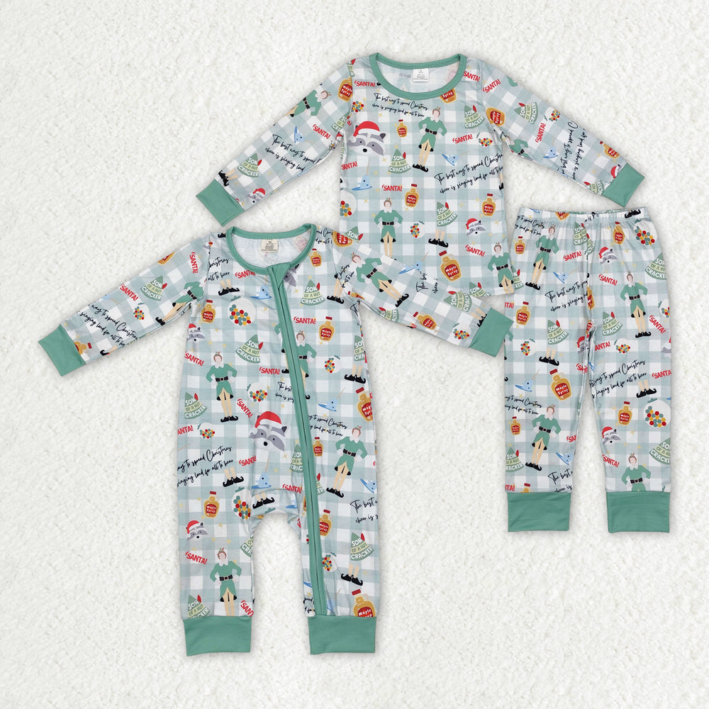 Sibling Baby Kids Christmas Shelf Checkered Bamboo Rompers Pajamas