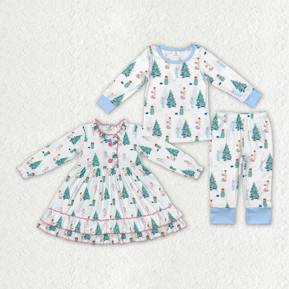 Sibling Baby Boys Girls Christmas Tree Dresses Gowns Pajamas