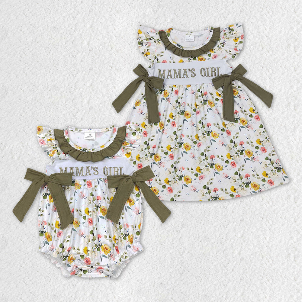 Sibling Mama's Girl Baby Girls Green Floral Bows Rompers Dresses