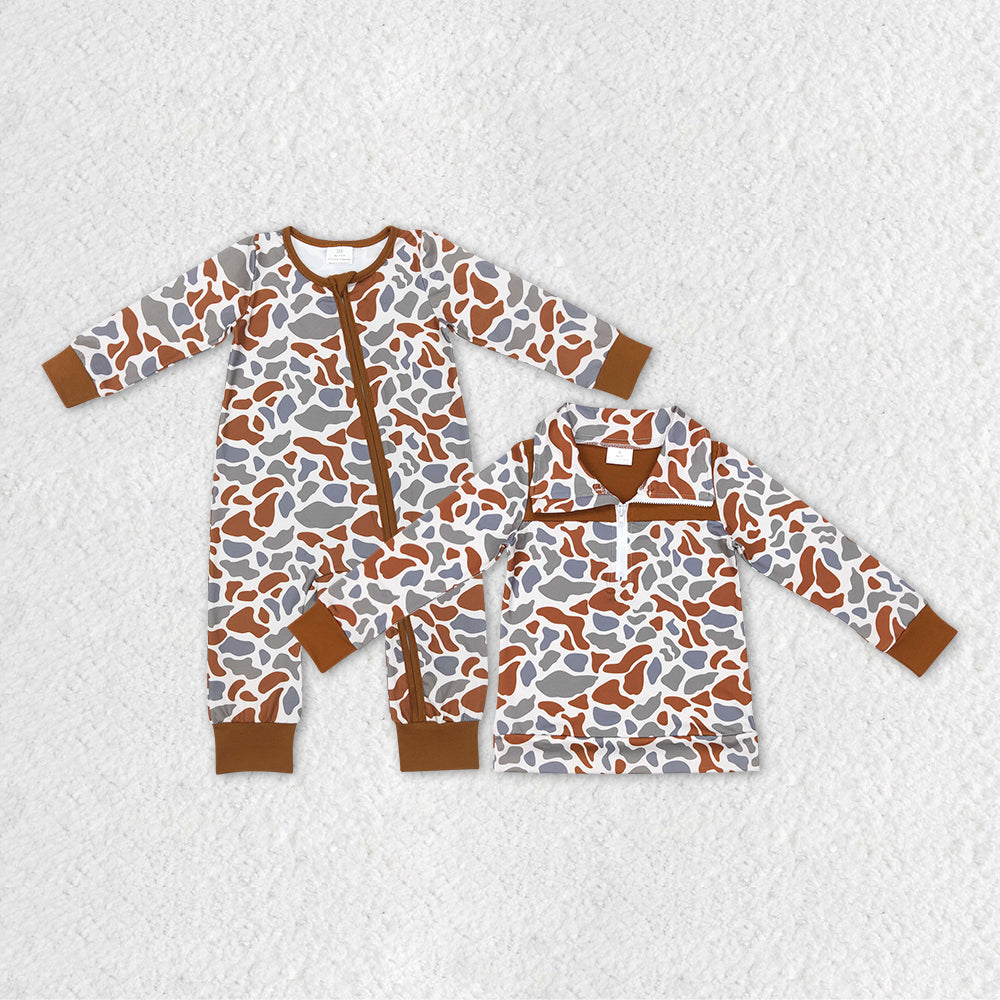 Sibling Baby Boys Brown Camo Rompers Pullovers Tops