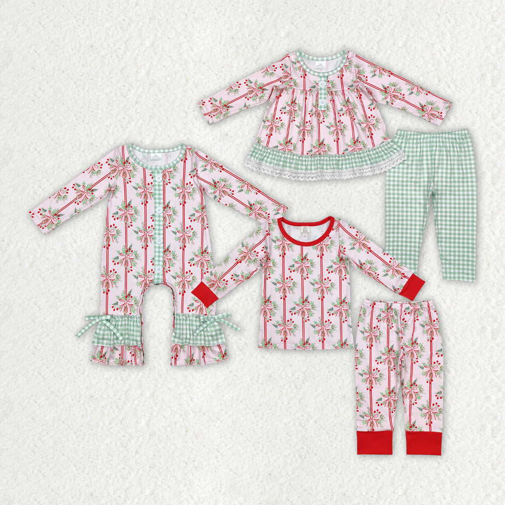 Baby Girls Christmas Holly Bow Sibling Rompers Clothes Sets