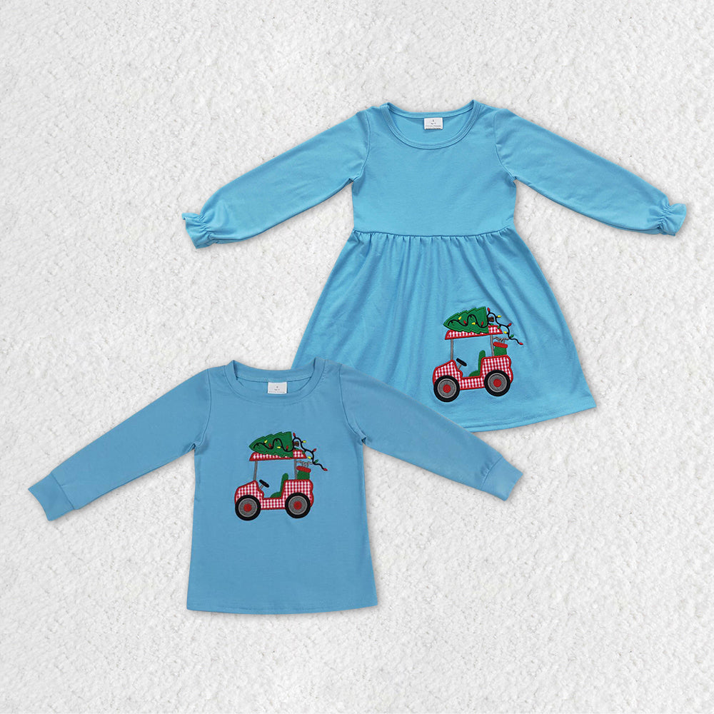 Sibling Boys Girls Christmas Tractor Blue Shirts Dresses