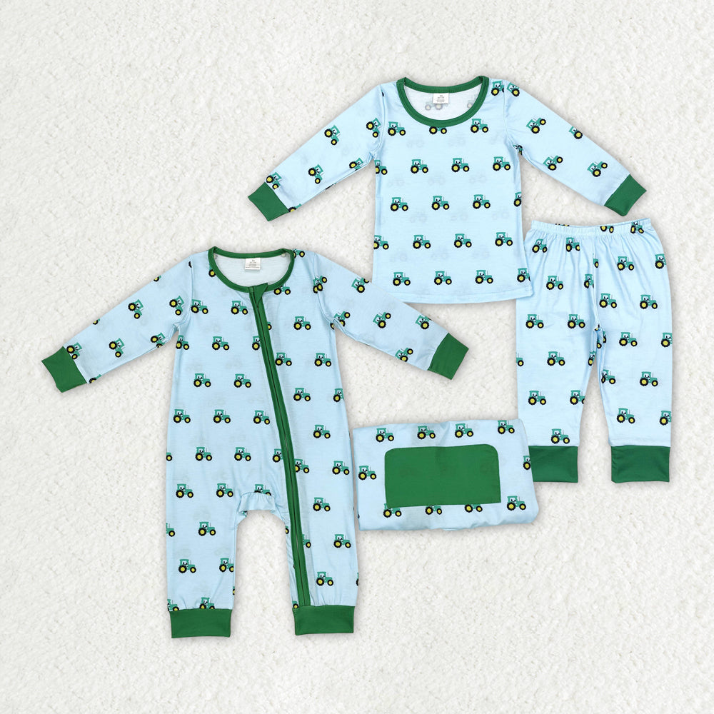 Baby Boys Green Tractors Sibling Bamboo Rompers Pajamas Clothes Sets