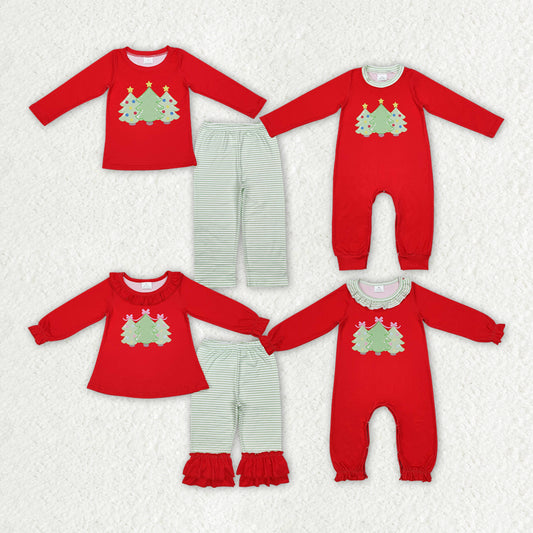 Sibling Kids Boys Girls Red Christmas Tree Rompers Clothing Sets