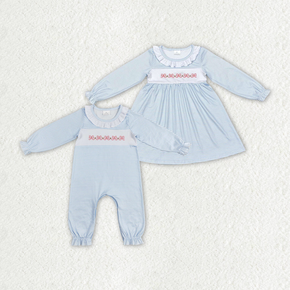 Baby Girls Blue Stripes Bows Sibling Sister Rompers Dresses