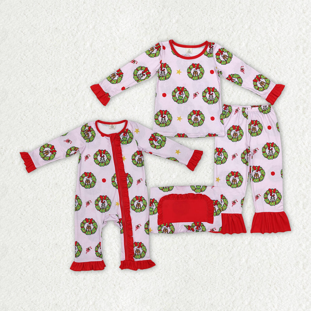 Sibling Baby Girls Christmas Pink Face Bamboo Rompers Pajamas