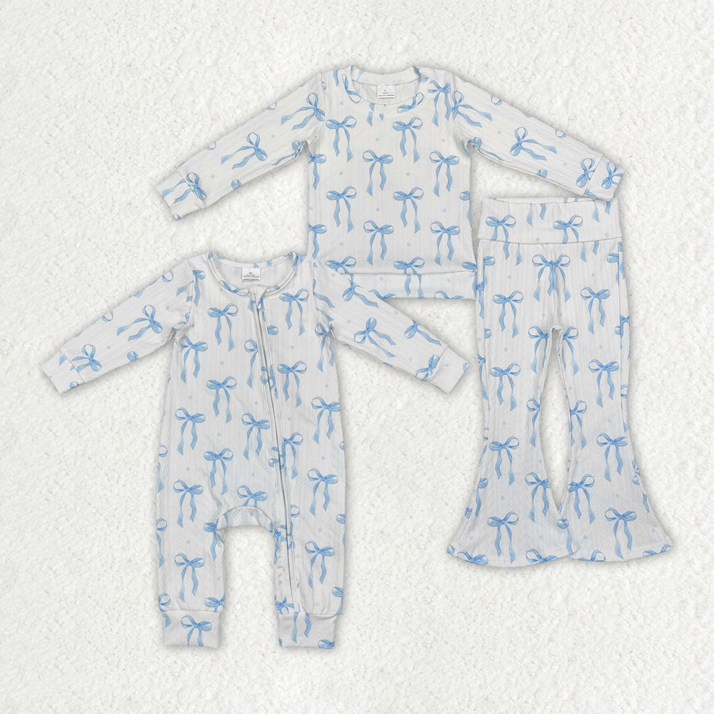 Sibling Baby Girls Blue Bows Cable Print Rompers Pajamas Suits