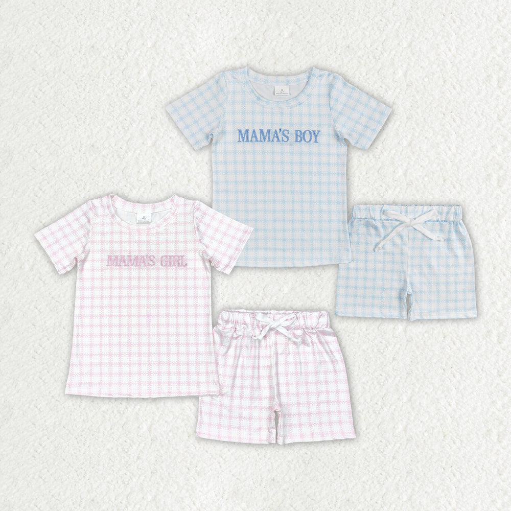 Baby Girls Boys Mama's Girl Checkered Sibling Tops Shorts Clothes Sets