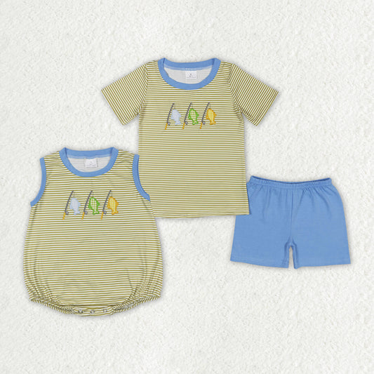 Baby Boys Stripes Fishing Sibling Embroidery Summer Rompers Clothes Sets