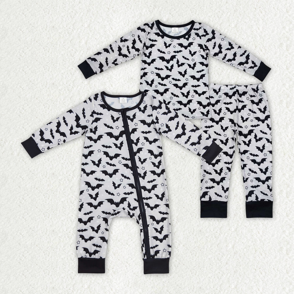 Baby Boys Halloween Grey Bats Bamboo Sibling Rompers Pajamas Clothes Sets