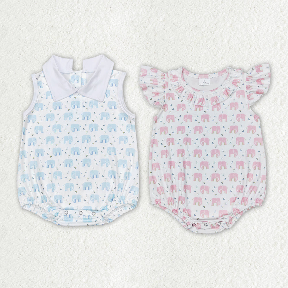 Baby Infant Girls Boys Sibling Elephant Flutter Sleeve Rompers