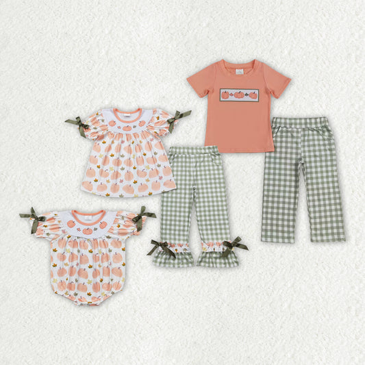 Kids Fall Pumpkins Orange Sibling Rompers Outfits Clothes Sets