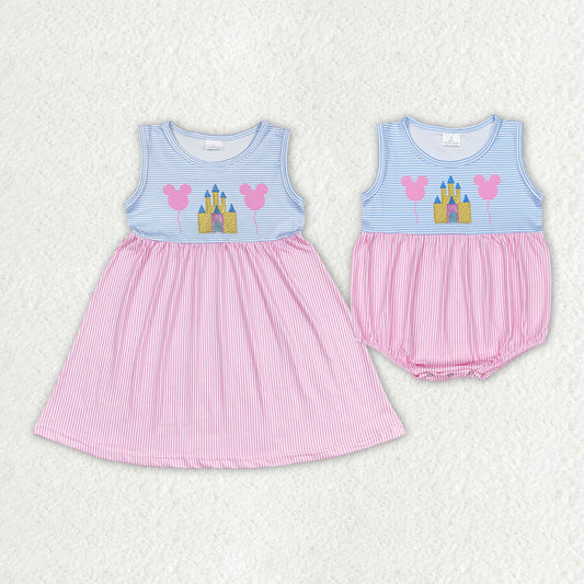 Baby Girls Pink Castle Sibling Sister Rompers Dresses