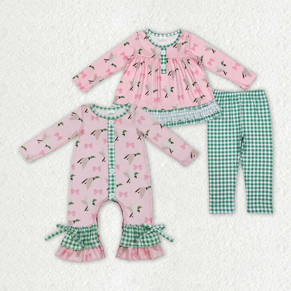 Sibling Sister Baby Girls Mallard Ducks Bows Checkered Clothes Sets