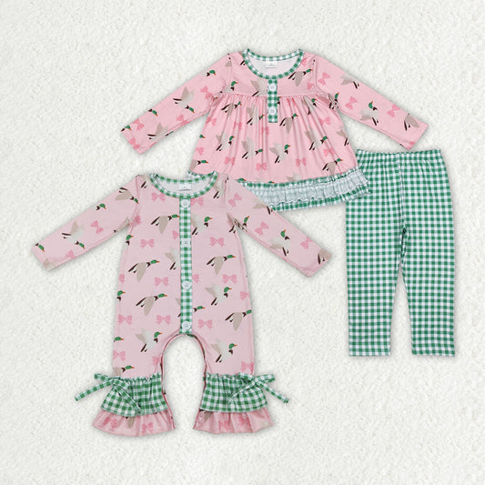 Sibling Sister Baby Girls Mallard Ducks Bows Checkered Clothes Sets