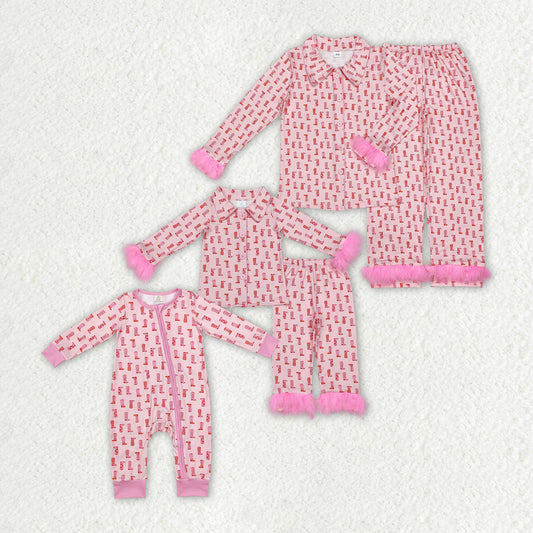 Family Mommy and Me Baby Girls Western Pink Boots Fur Pajamas Rompers