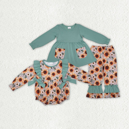 Sibling Sister Baby Girls Green Pockets Sunflowers Rompers Clothes Sets