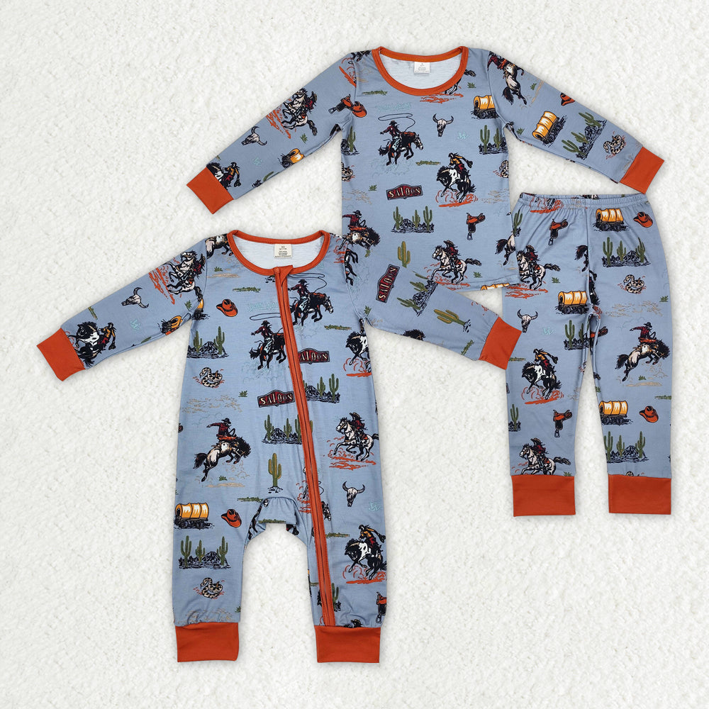 Sibling Baby Boys Western Rodeo Bamboo Rompers Pajamas Clothes Sets