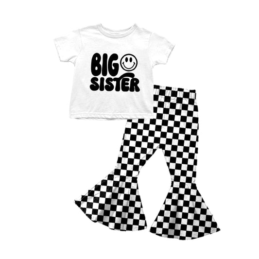 Baby Girls Big Sister Black Checkered Top Bell Pants Clothing Sets Preorder(moq 5)